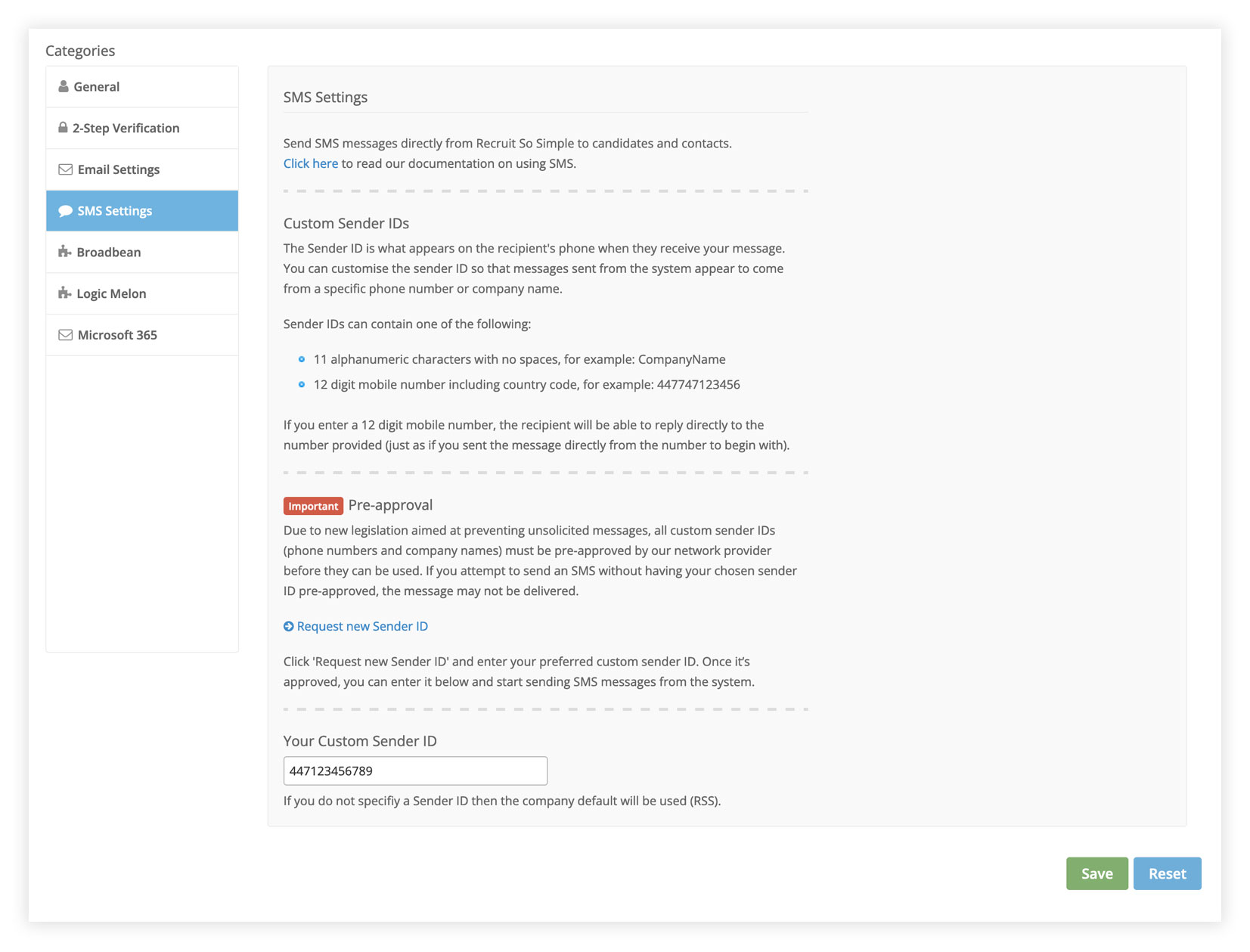 SMS user settings