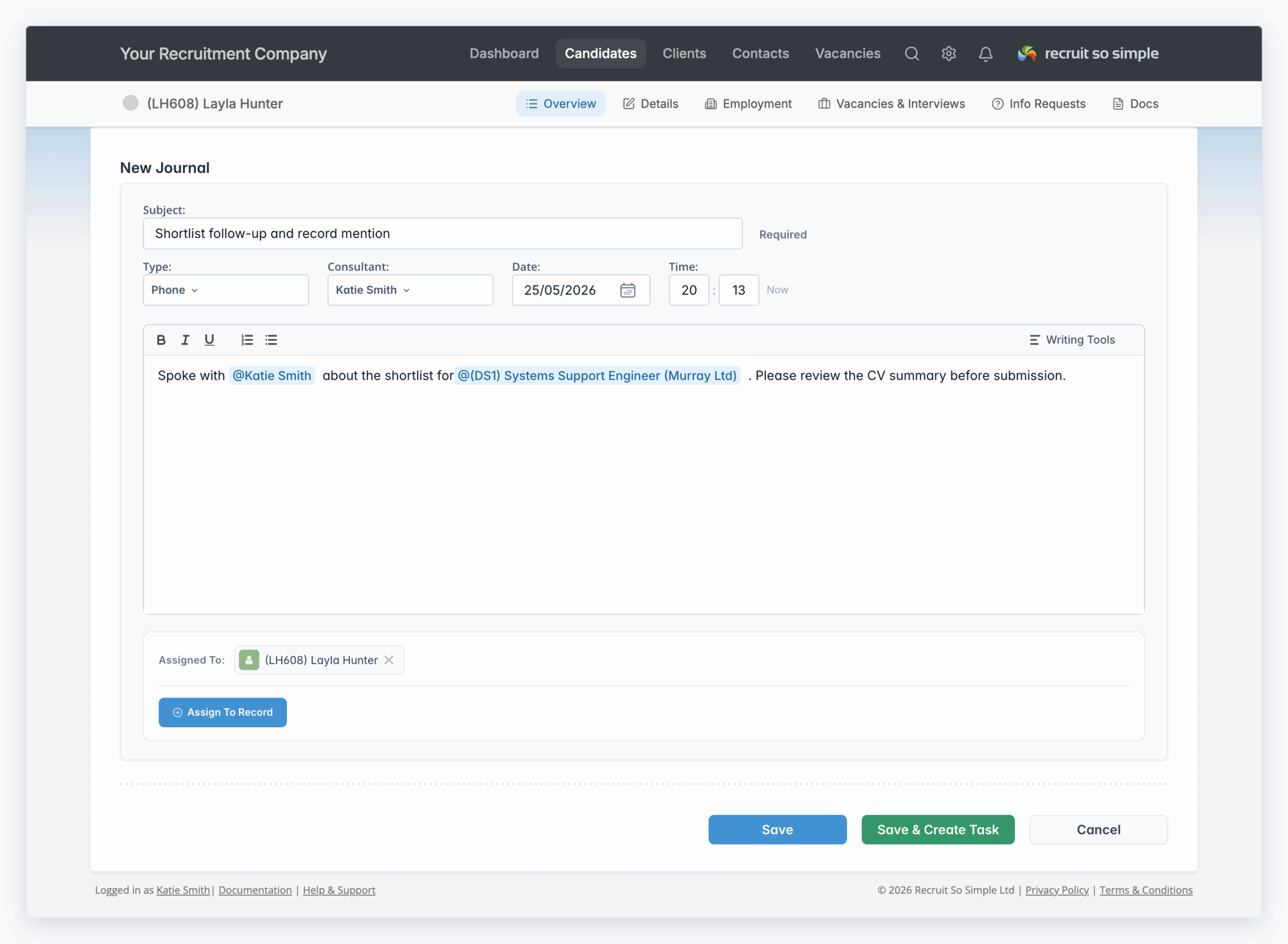 Journal entry showing user and vacancy mentions in Recruit So Simple