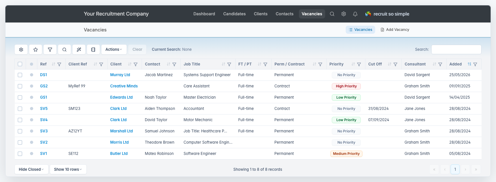 Vacancies grid showing the updated table, search controls and filters in Recruit So Simple