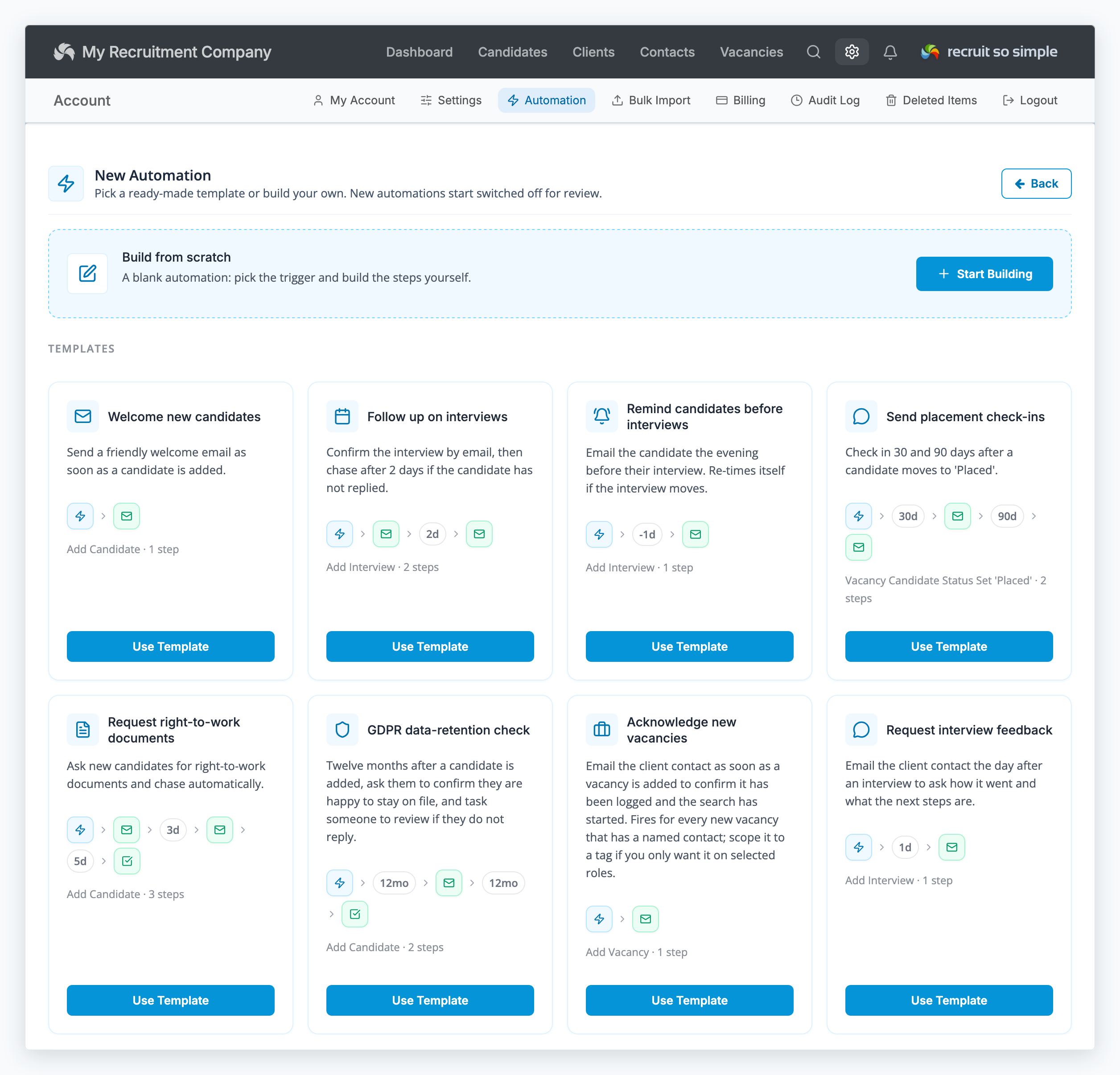 New Automation screen showing build from scratch and ready-made automation templates