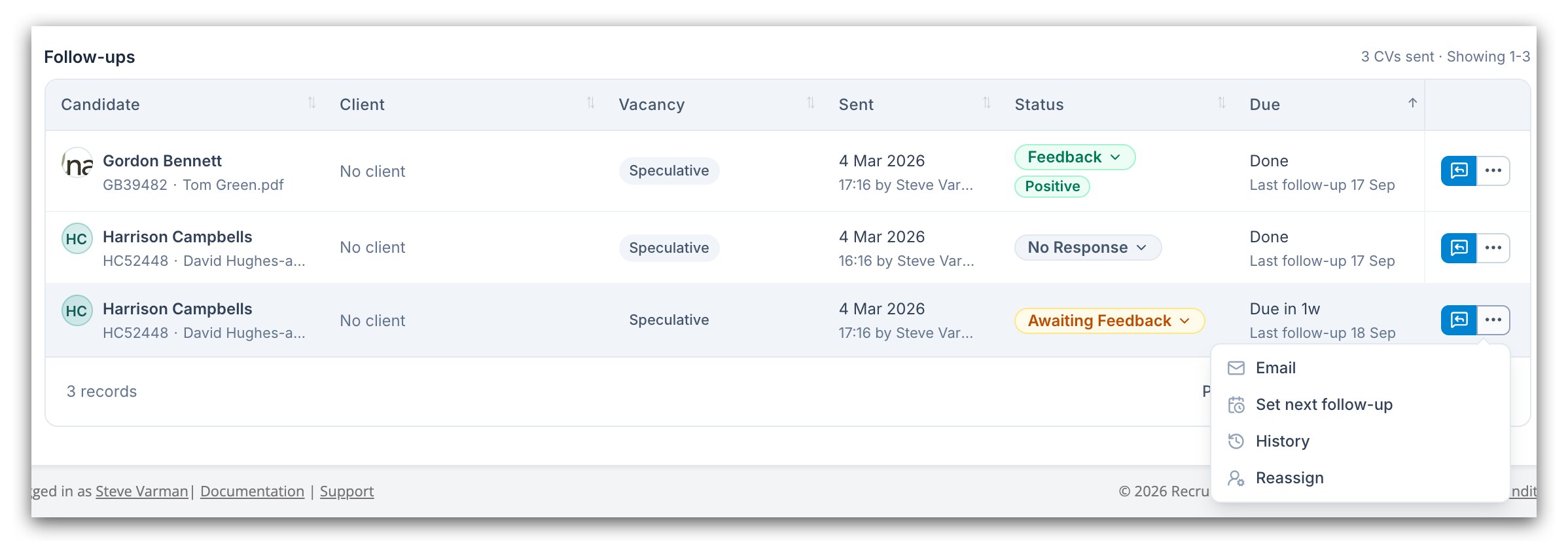 CV actions menu