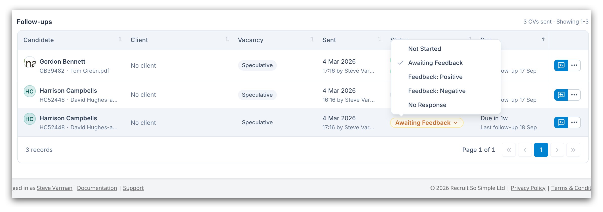 Changing a CV's status from the list